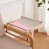 ZenView wooden cat window perch frame close-up — minimalist no-drill clamp-on cat seat design
