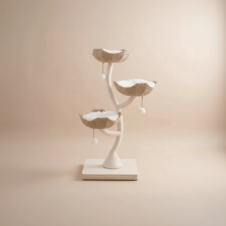 Style & Vibe category card featuring an aesthetic, tree-branch shaped cat tower with woven basket perches and white cushions.