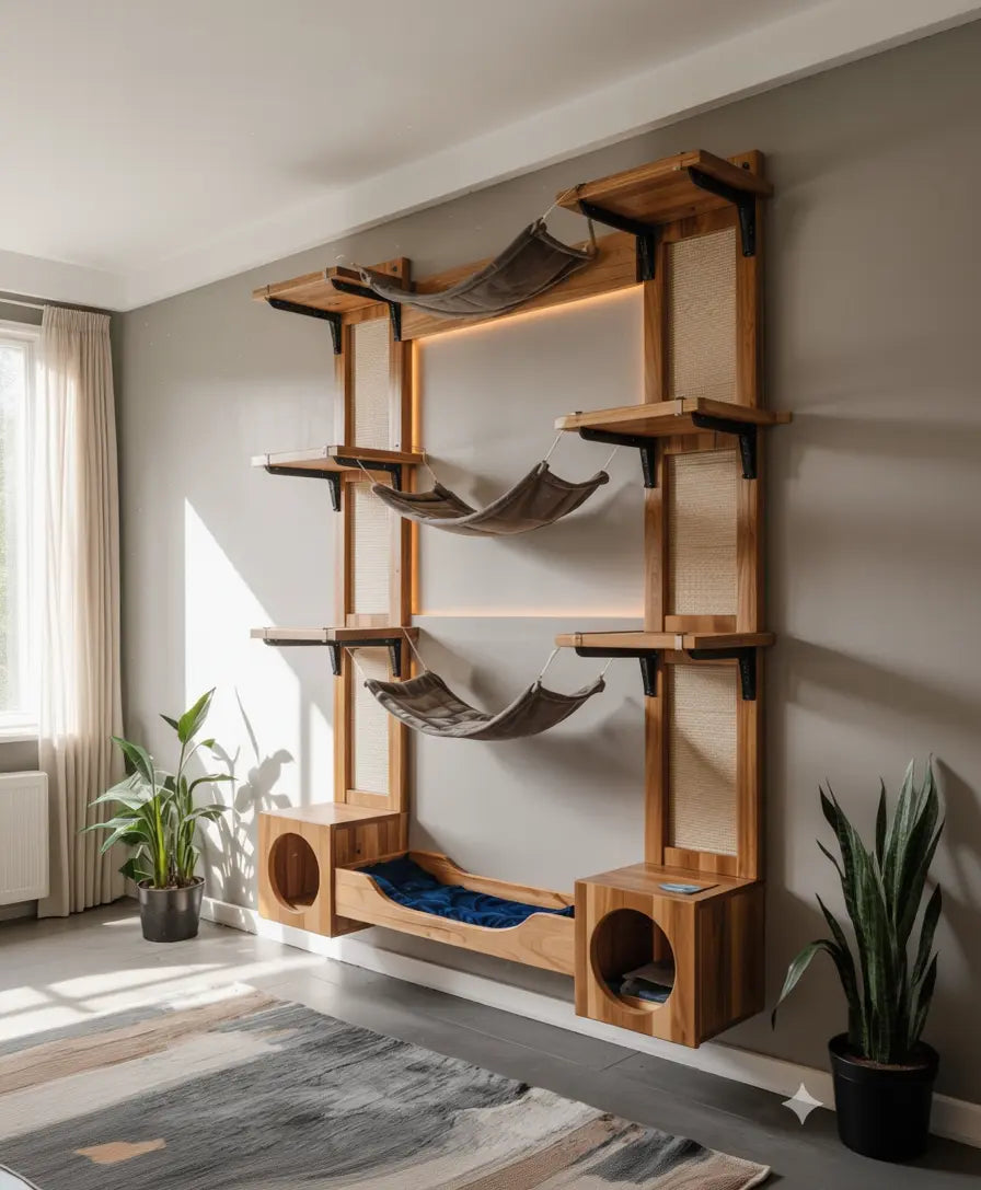 A complete Meowshelf wall-mounted cat climbing system featuring multi-level wooden shelves, grey fabric hammocks, tall scratching panels, and lower cubbies, installed in a modern living room.