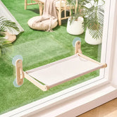 Floating cat window seat with natural wood finish — apartment-friendly no-drill design