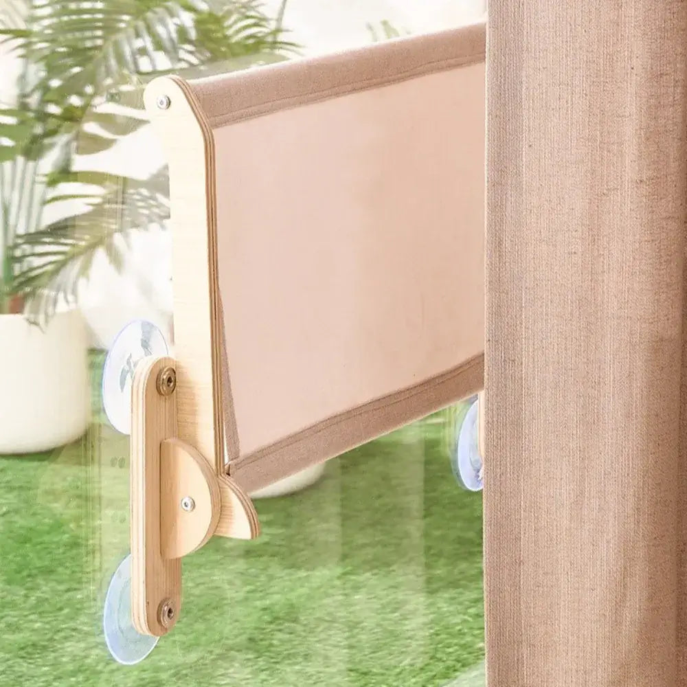 Side view of no-drill acrylic cat window perch mounting system — tool-free installation