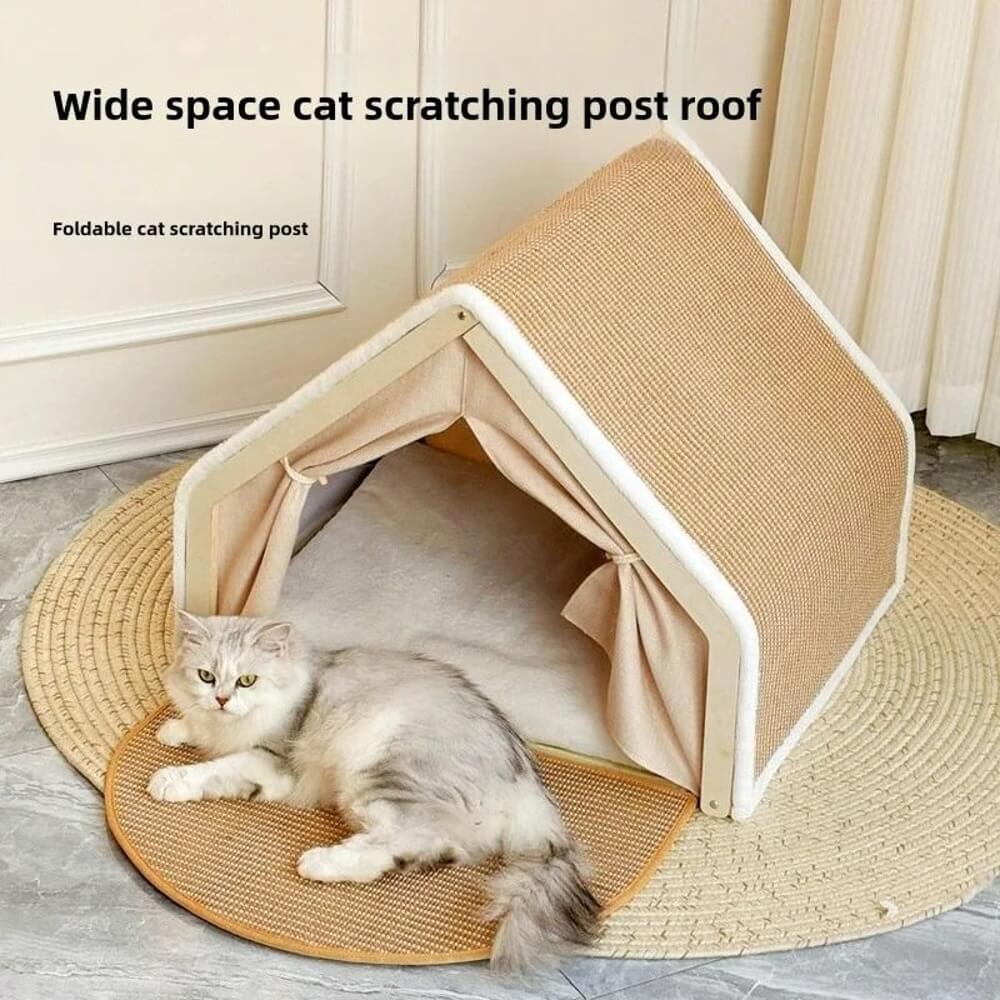 Wooden Cat Villa Tent in solid wood and hemp, bottom rear view of the luxury roof scratcher, a cat condo scratch board.