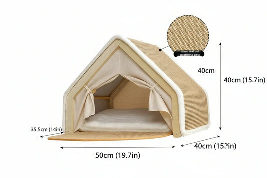 Wooden Cat Villa Tent in solid wood and hemp, product shot rear angled view of the cozy plush interior, a warm cat bed.