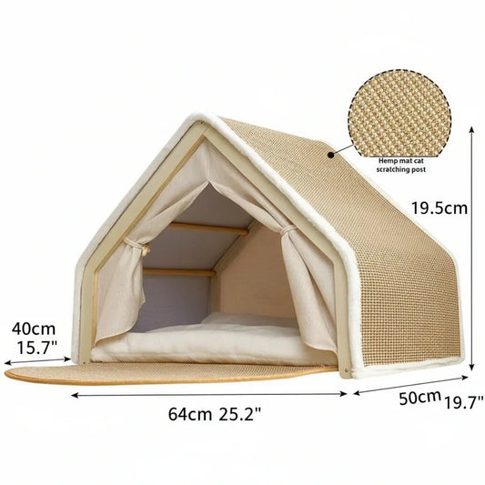 Wooden Cat Villa Tent in solid wood and hemp, product shot top angled view of the foldable entrance, chic cat furniture.