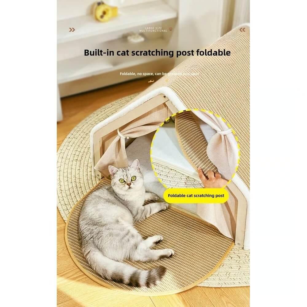 Wooden Cat Villa Tent in solid wood and hemp, side angle with cat and foldable scratcher in action, durable cat furniture.