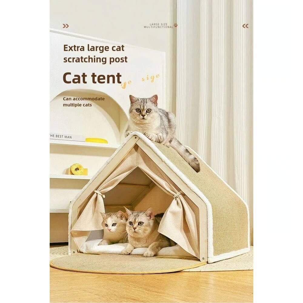 Wooden Cat Villa Tent in solid wood and hemp, side view of the spacious luxury design, a cat cave bed.
