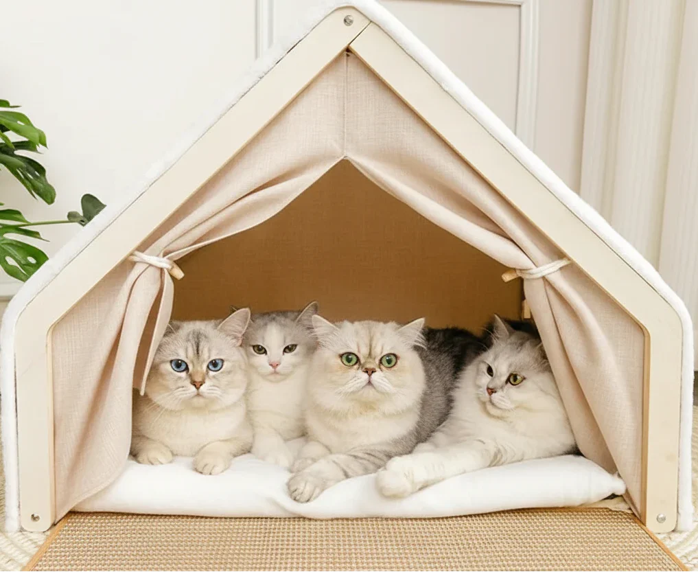 Wooden Cat Villa Tent in solid wood and hemp, straight on view of the cozy interior with cats, cat furniture for multiple cats.