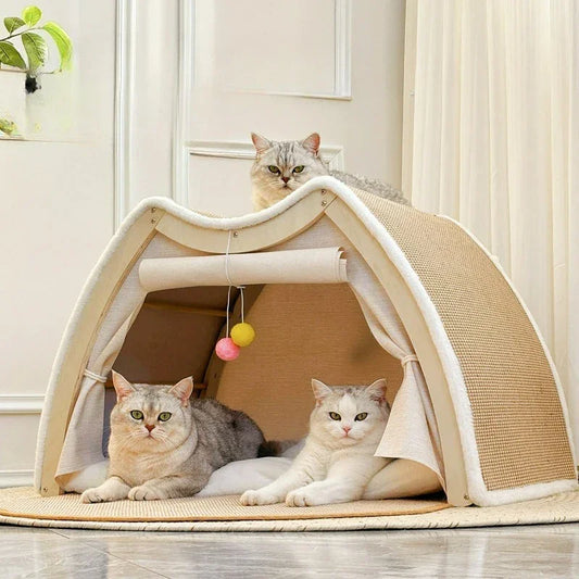 Wooden Cat Villa Tent in solid wood and hemp, front angled view semi-enclosed with curtains, for luxury cat bed privacy.
