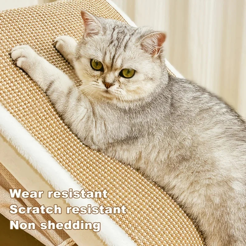 Wooden Cat Villa Tent in solid wood and hemp, top detail shot of a cat lounging on the scratcher, a combined cat house and scratcher.