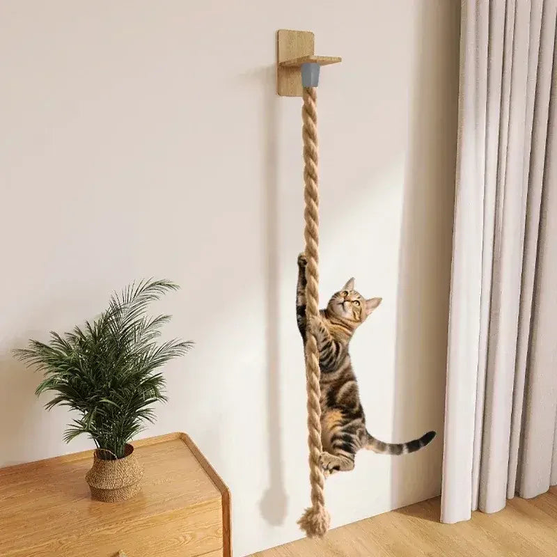 JUTE Climbing Rope in natural jute and solid wood, side view of the wall-mount design to create a cat superhighway.