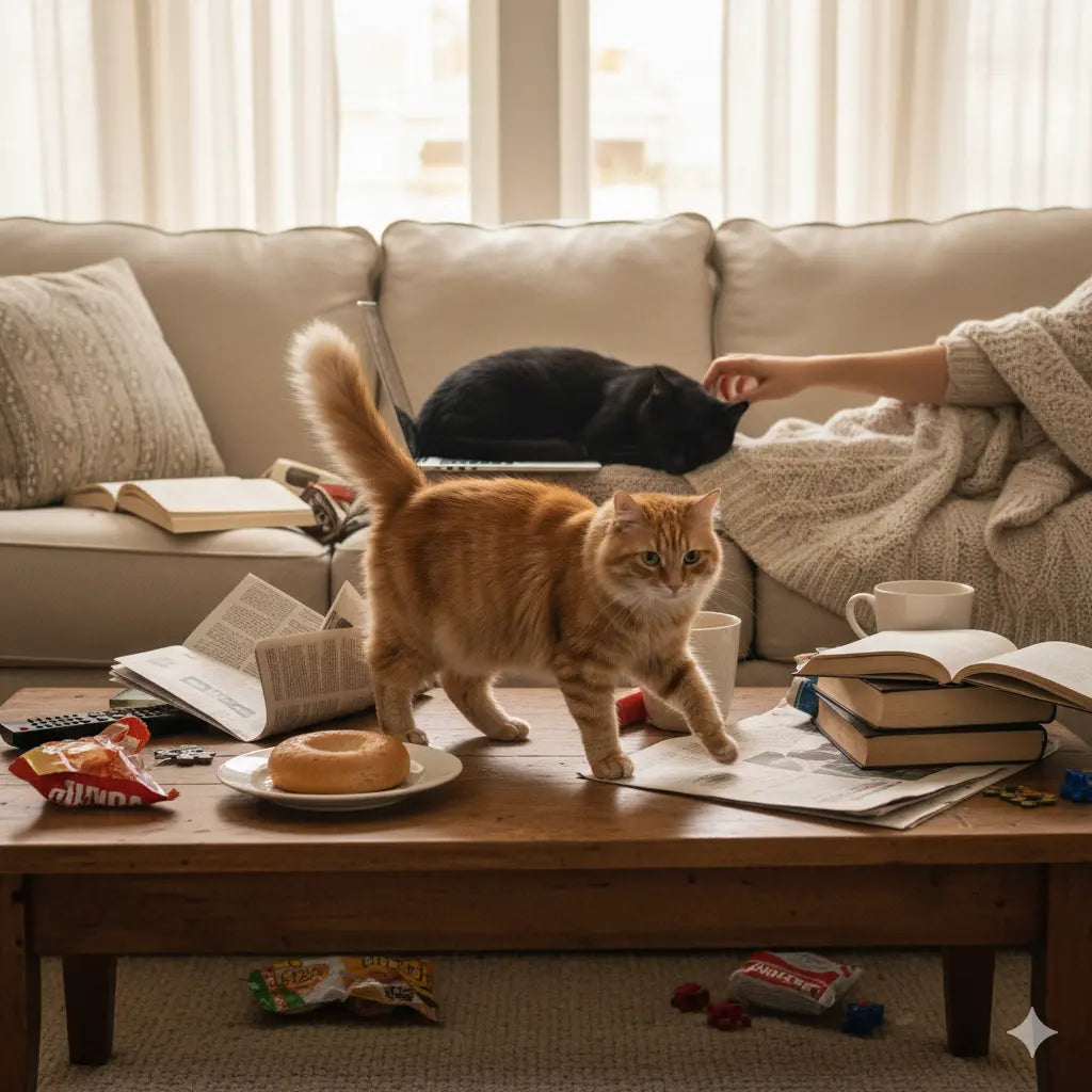 An orange tabby cat walking across a cluttered wooden coffee table full of books and snacks. In the background, a person on a sofa pets a black cat that is sleeping on an open laptop.