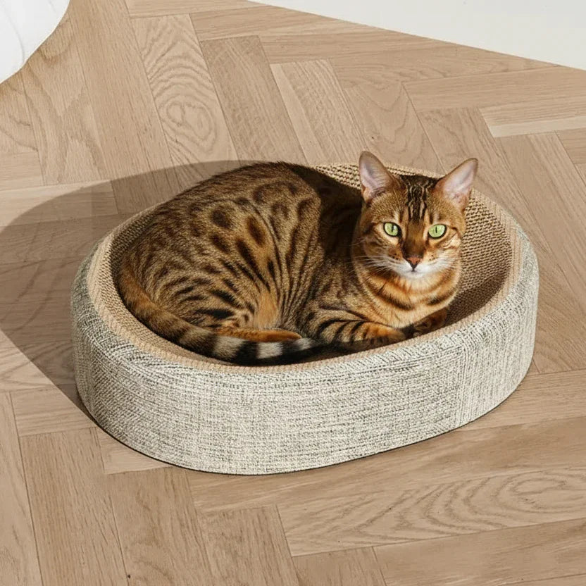 Zen Oval Woven Sisal Cat Scratcher, top view of the concave ergonomic design, Japandi & Zen cat furniture.