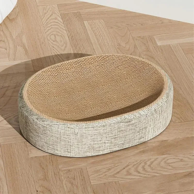 Zen Oval Woven Sisal Cat Scratcher, side perspective of the elevated structure, a modern cat scratching post for stylish homes.