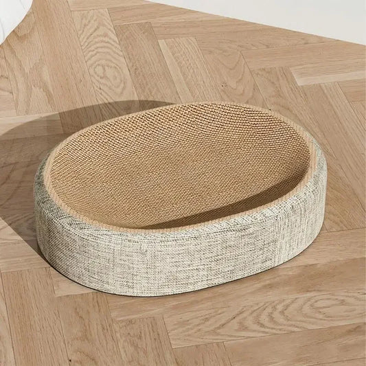 Zen Oval Woven Sisal Cat Scratcher, side perspective of the elevated structure, a modern cat scratching post for stylish homes.