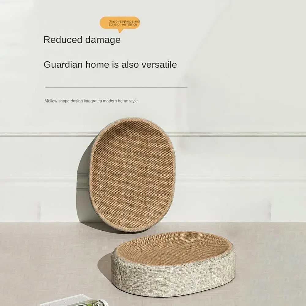Zen Oval Woven Sisal Cat Scratcher, front diagonal view of the elevated contour, a decorative cat scratching post.