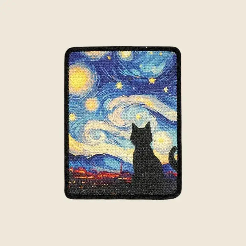 The Gallery cat wall scratcher in Midnight Swirl, starry night sisal board with black cat silhouette