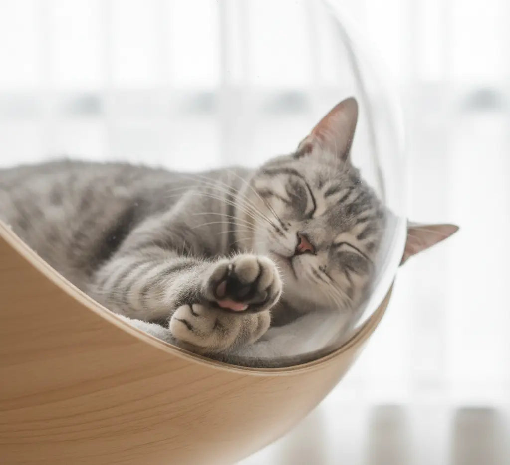 A close-up of a grey tabby cat sleeping peacefully inside a Meowshelf wall-mounted wooden cat bed, with its paws squished adorably against the clear acrylic dome front.