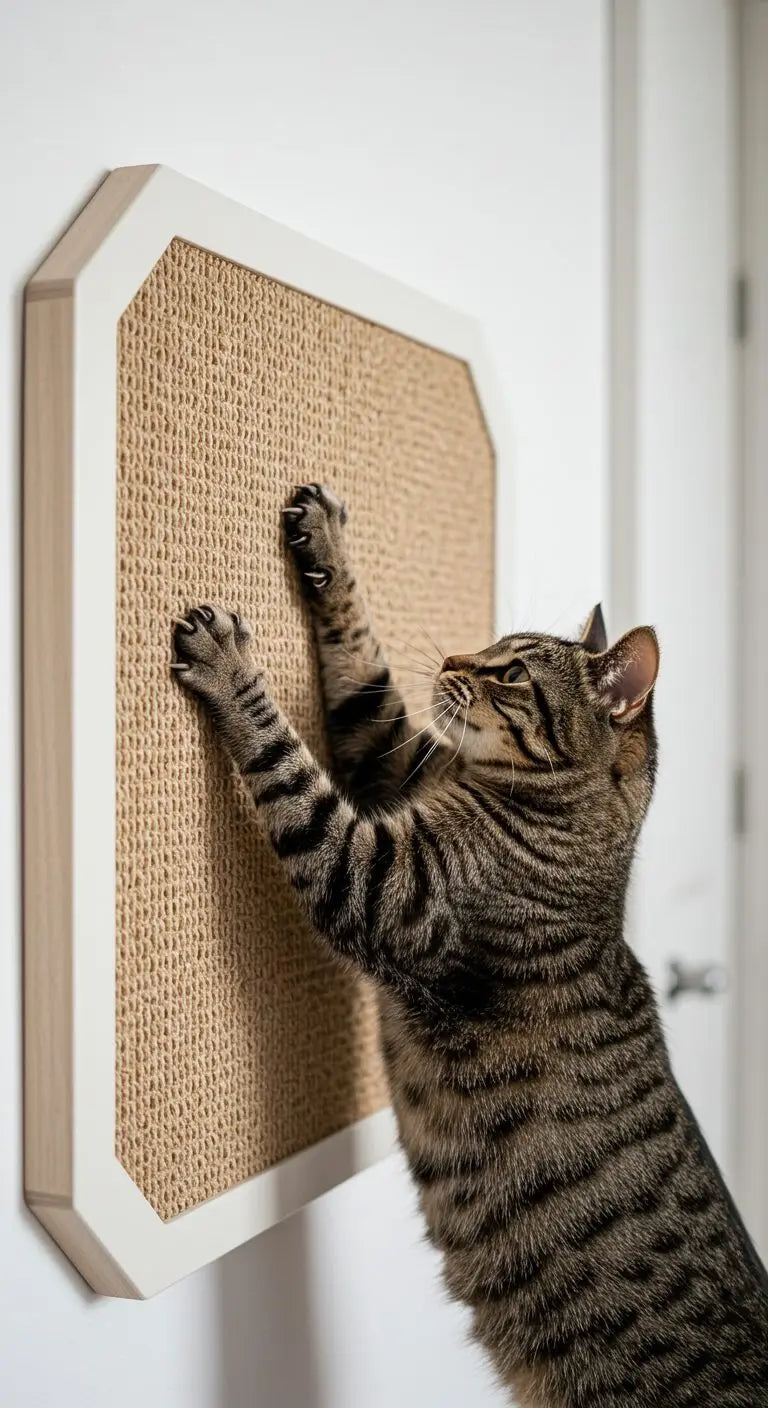 A brown tabby cat standing on its hind legs with claws extended, actively scratching a large Meowshelf wall-mounted wooden sisal scratching board.