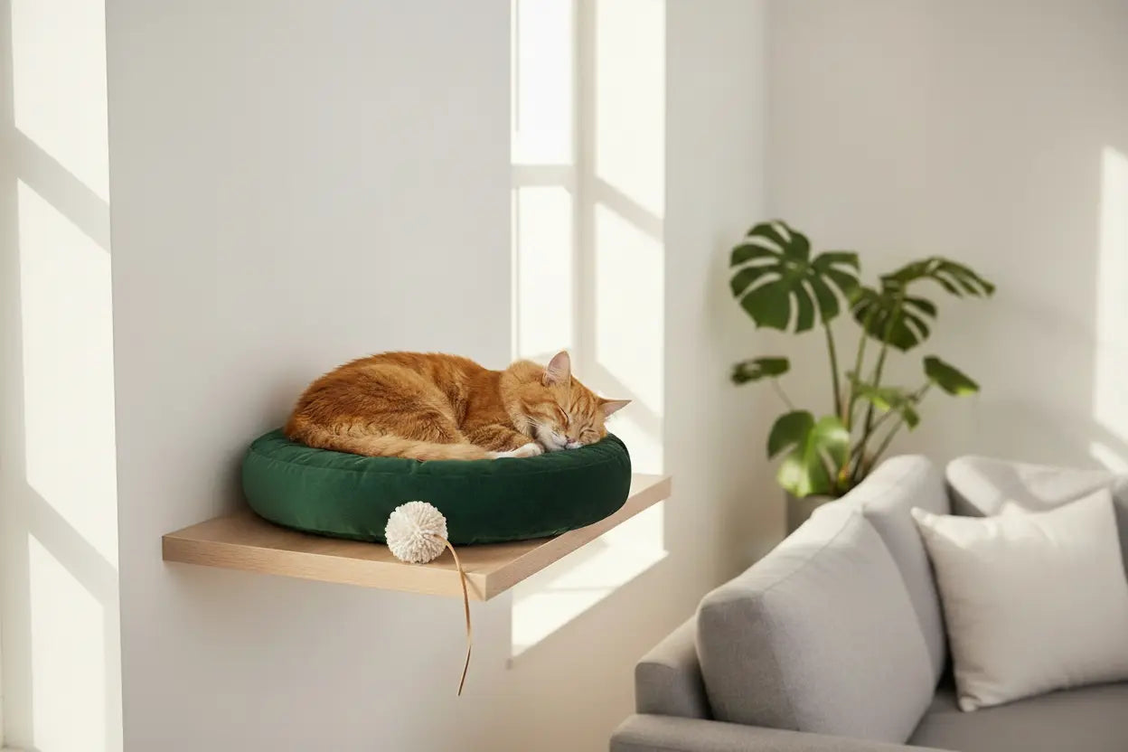 An orange tabby cat sleeping peacefully on a dark green cushion resting on a light wood Meowshelf floating wall shelf in a sunny living room.