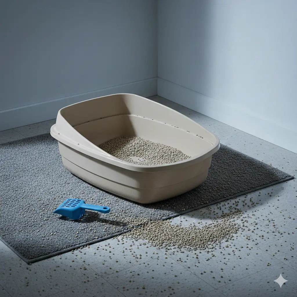 An open, high-sided beige cat litter box sitting in a corner on a grey mat. A significant amount of cat litter has been kicked out of the box, making a mess across the mat and the tiled floor. A blue scoop sits nearby.