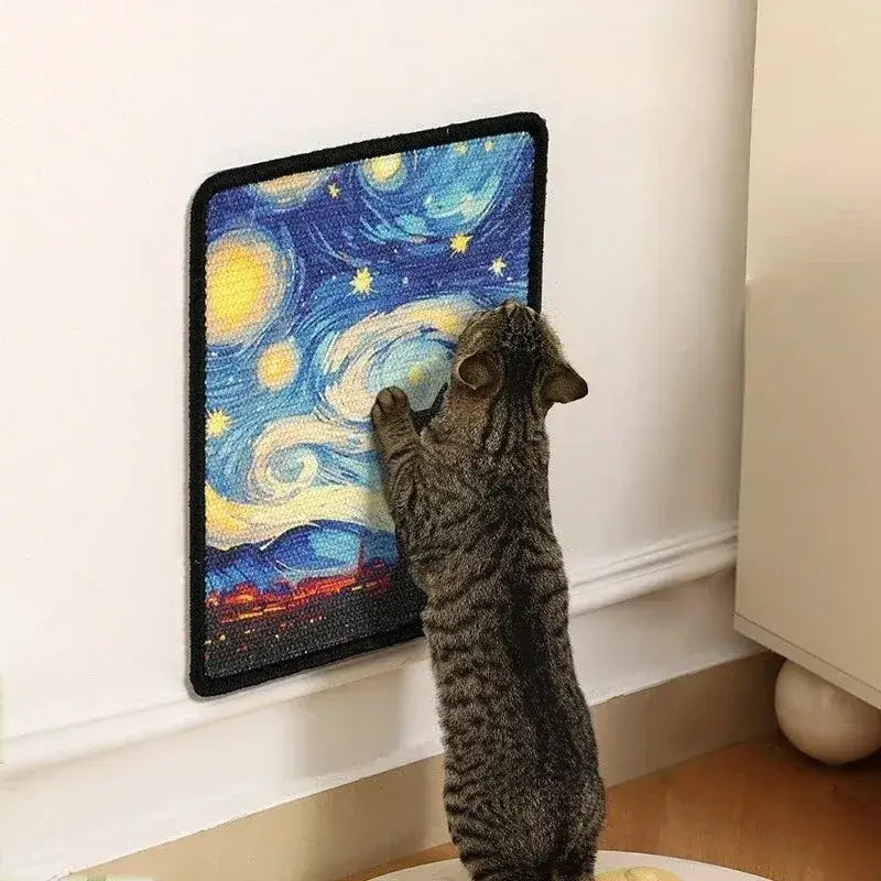Tabby cat scratching The Gallery no-drill sisal cat wall scratcher in Midnight Swirl starry night design