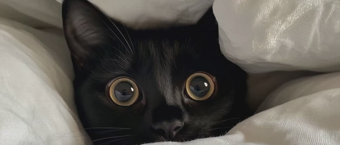 Black cat peaking out is head + orange tabbie sleeping cozy