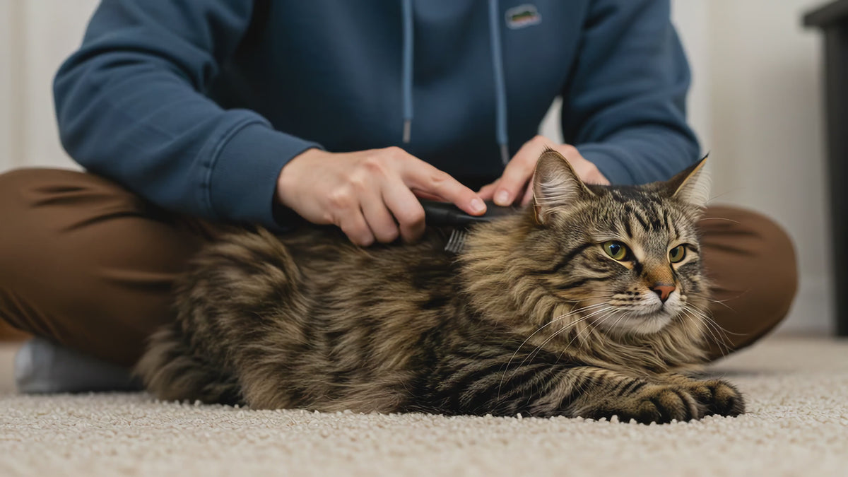 Nice long hair cat being brushed and groomed