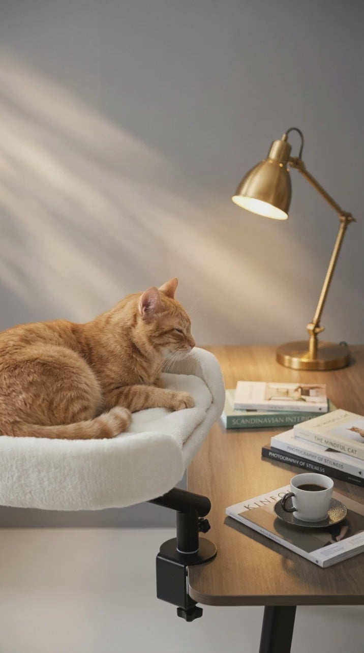 360 Rotating Cat Desk Bed in plush white, side perspective view of the plush dual-sided cushion, washable cat bed pads. Cat leaning into it to sleep.