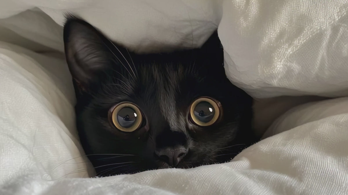Black curious cat picking out his head from a fluffy bed cover