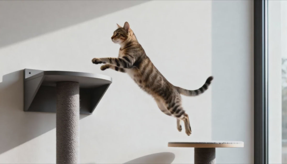 Tabby cat jumping from mounted shelves to shelves