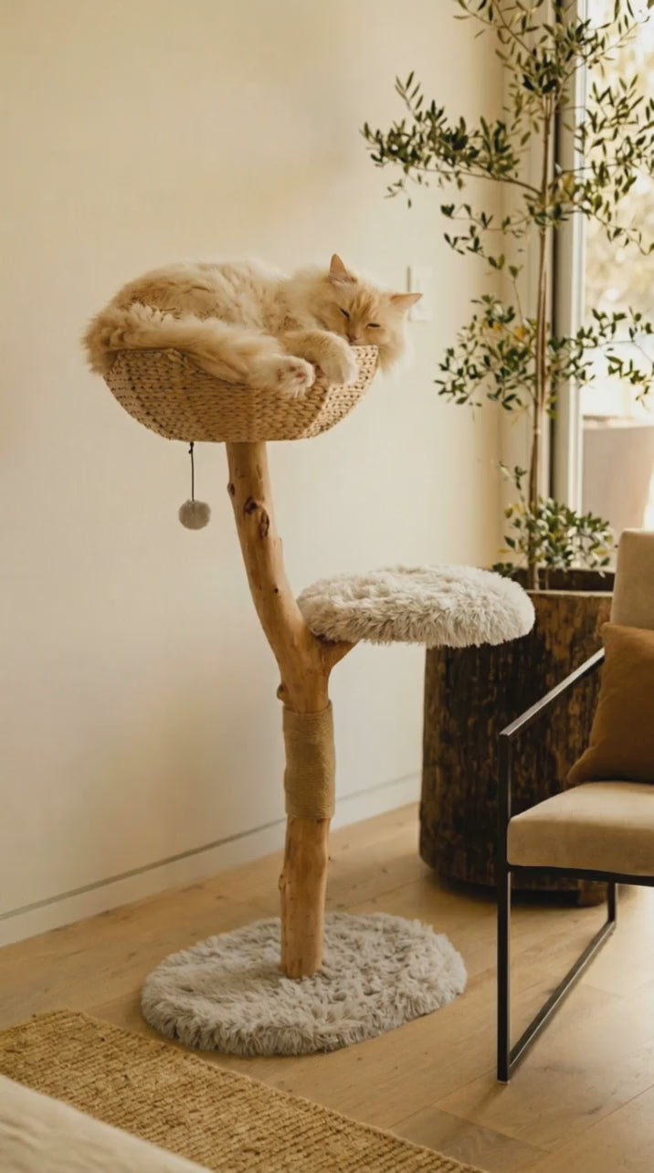Willow Branch Minimalist Cat Perch in real wood, side view of curved trunk and plush top, cat entering the tree.