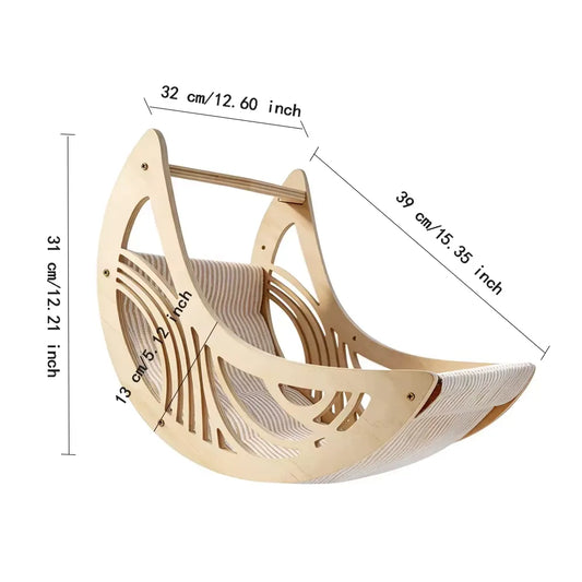Skywalk Lunar Crescent Bed, crescent-shaped wall-mounted wooden cat bed with a striped fabric sling, 32 x 31 x 39 cm / 12.6 x 12.2 x 15.35 in
