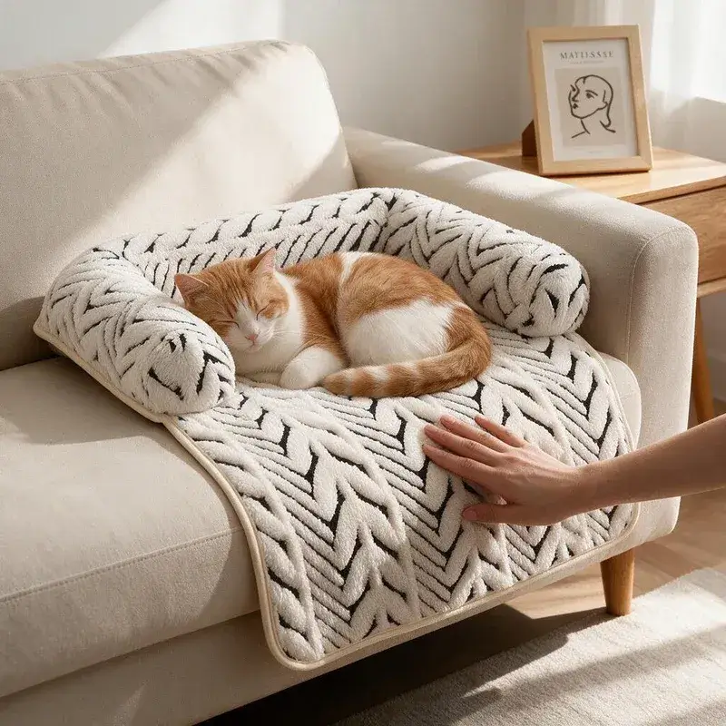 Orange cat relaxing on The Sumi Lounger cat bed for couch while its owner strokes it