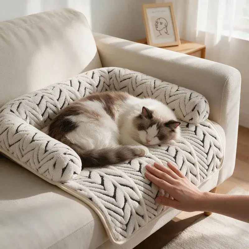 Fluffy cat resting on The Sumi Lounger couch protector cat bed on a beige sofa