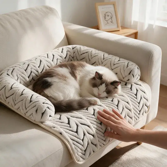Fluffy cat resting on The Sumi Lounger couch protector cat bed on a beige sofa