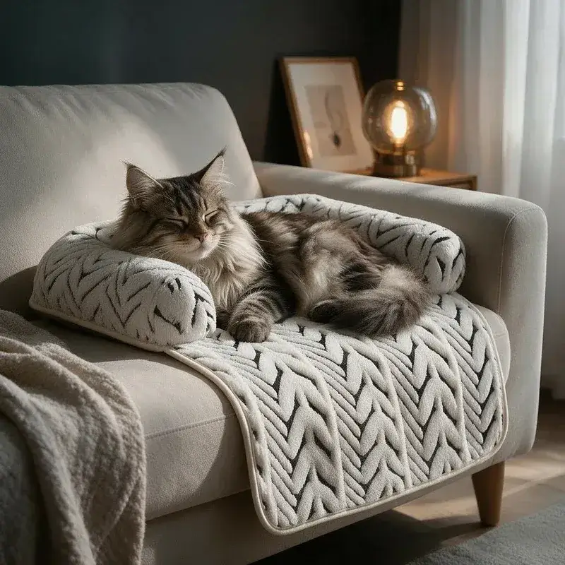 Tabby cat lounging on The Sumi Lounger plush cat bed with bolsters on a sofa in a cozy evening room