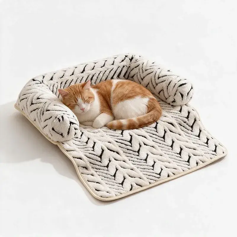 Orange and white cat sleeping in The Sumi Lounger plush cat bed with bolsters on a white background