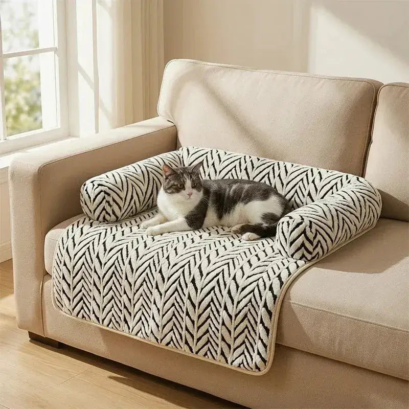 Cat napping on The Sumi Lounger washable cat bed placed on a light sofa near a window