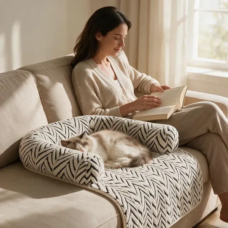 Woman reading on a sofa beside a cat napping on The Sumi Lounger zebra print pet bed
