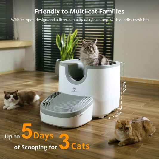 AutoFresh smart open-top litter box side view — spacious self-cleaning cat litter box for large cats