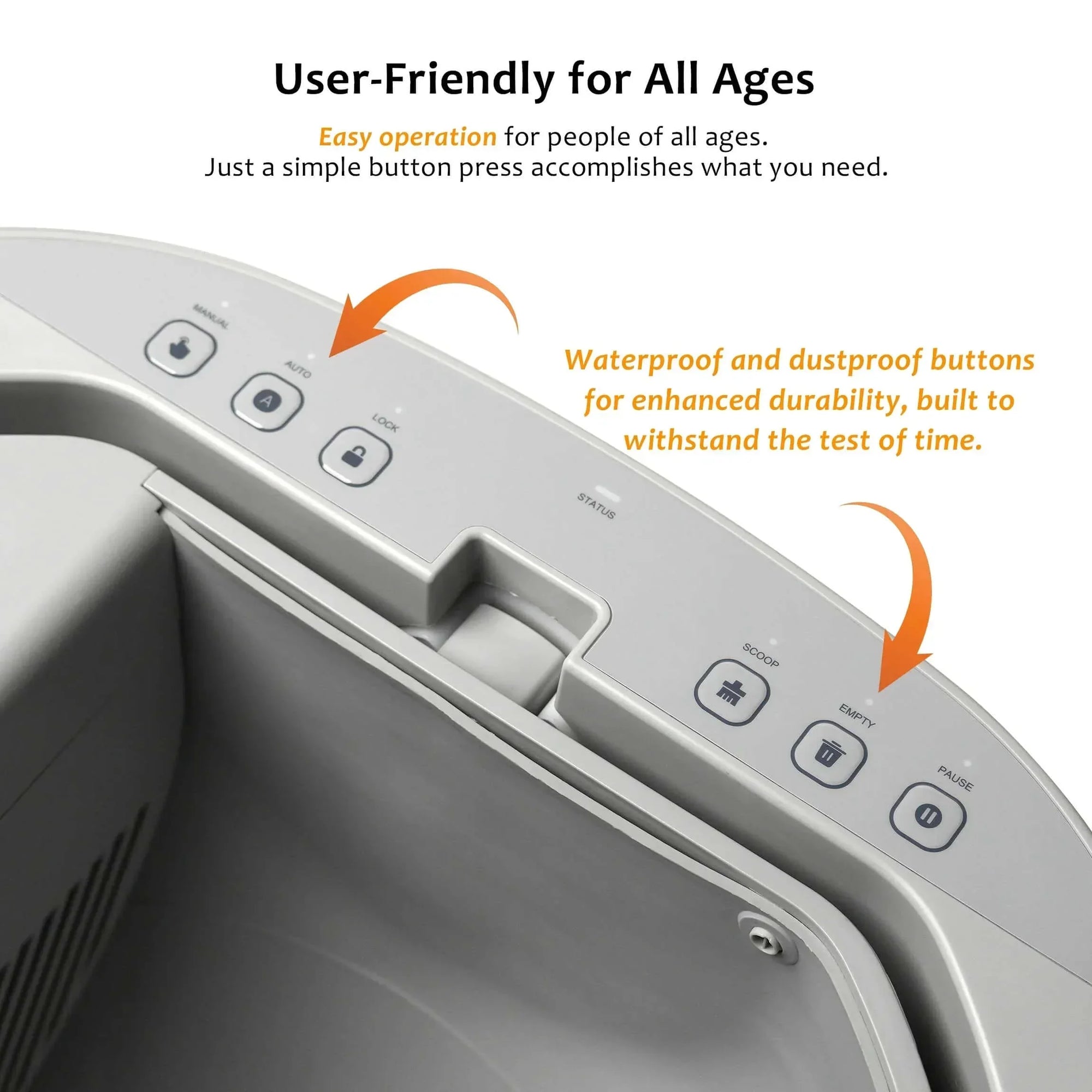 FurooMate Open-Top Smart Litter Box in white, top control panel view of waterproof buttons, high-tech features for cat owners.