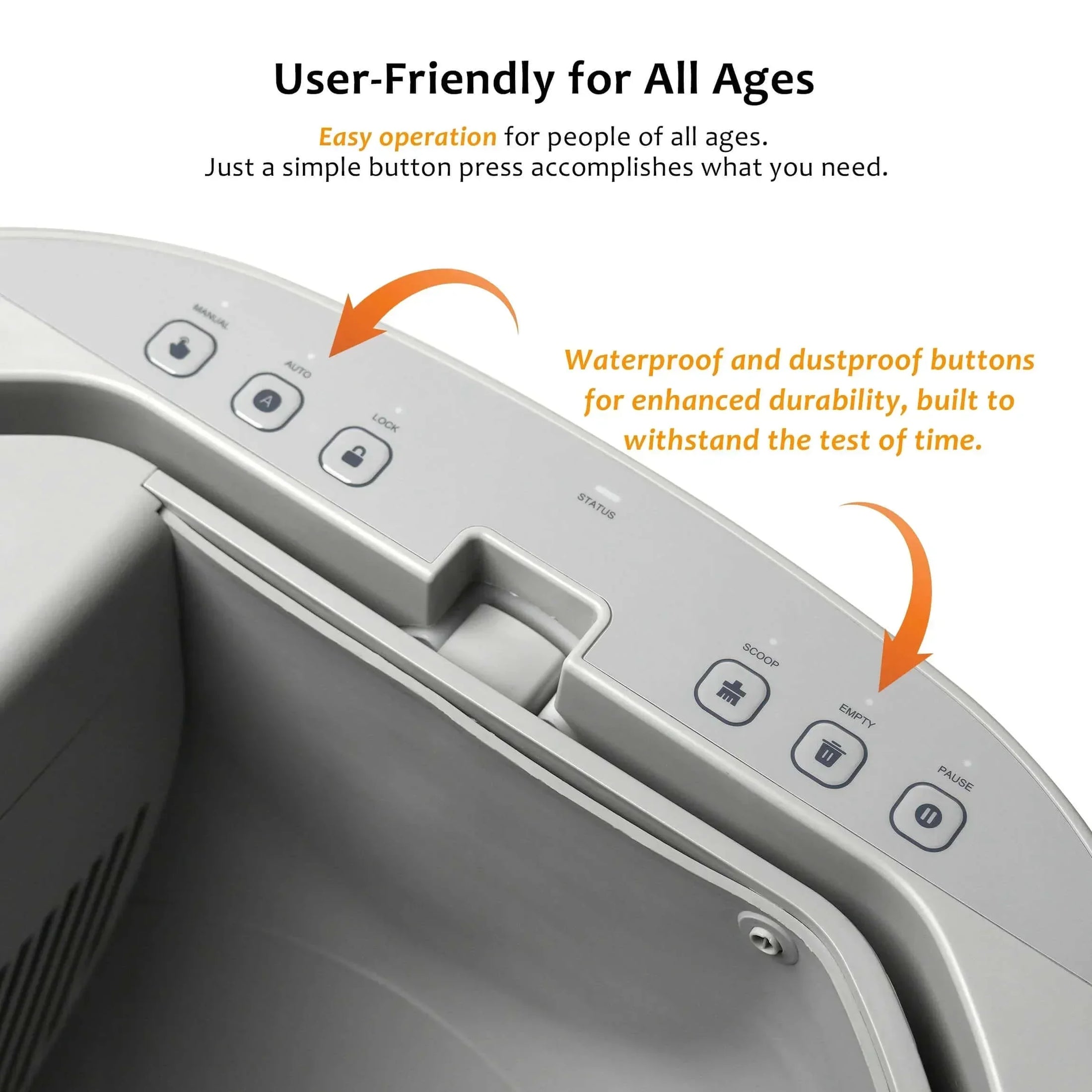 FurooMate Open-Top Smart Litter Box in white, top control panel view of waterproof buttons, high-tech features for cat owners.