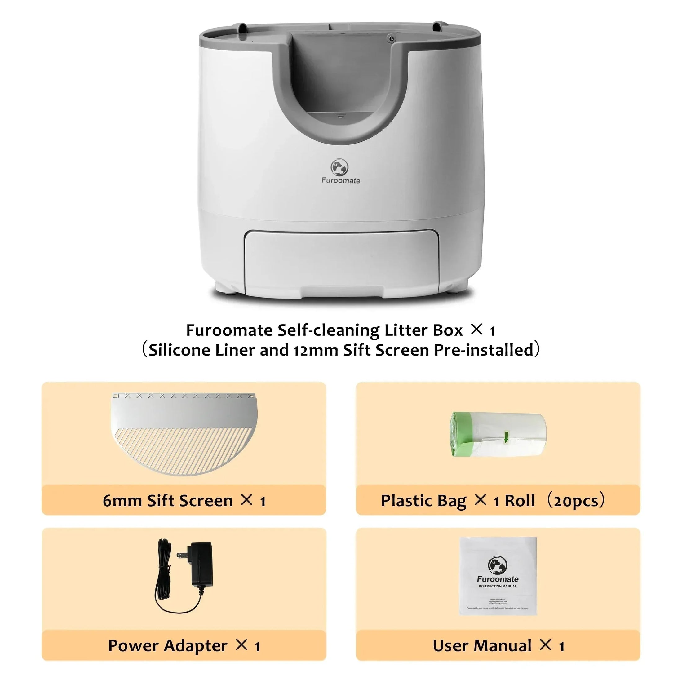 FurooMate Open-Top Smart Litter Box in white, product shot component layout view of accessories included, for a clean cat setup.
