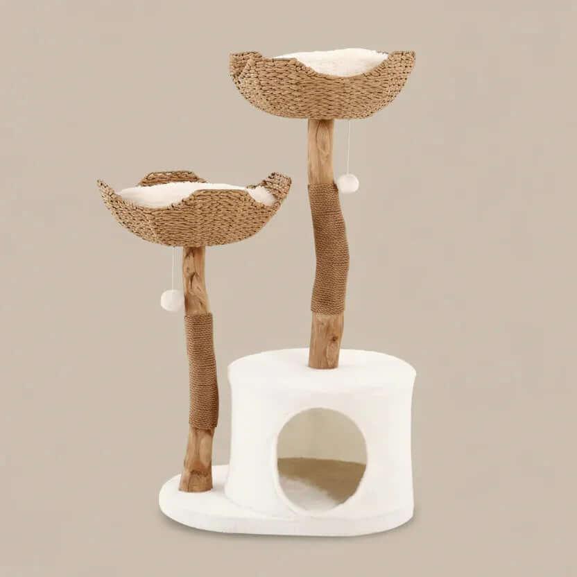 Blossom Villa Woven Flower Cat Tree product shot, angled detail of two-tiered design, a compact pink cat tree alternative.