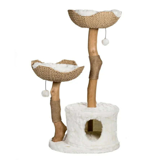 Blossom Villa Woven Flower Cat Tree with white condo and woven basket, product shot front view of cozy condo, a cute cat tree.