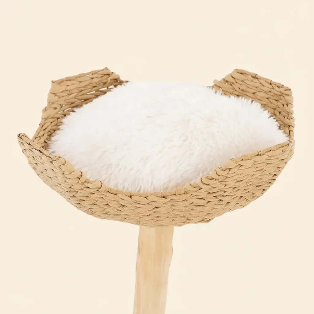Blossom Villa Woven Flower Cat Tree product shot, close-up top detail of plush cushion, a soft cat bed resting spot.