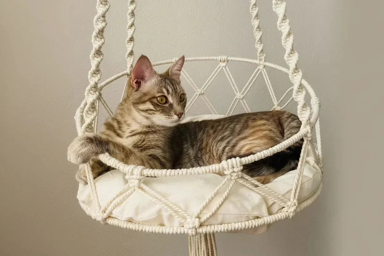 Boho Swing macrame cat hammock with plush cushion — chic tassels, hanging cat bed for boho interiors
