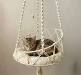 Boho Swing macrame hanging cat hammock in natural cotton — spiral rope wall-mounted boho cat swing