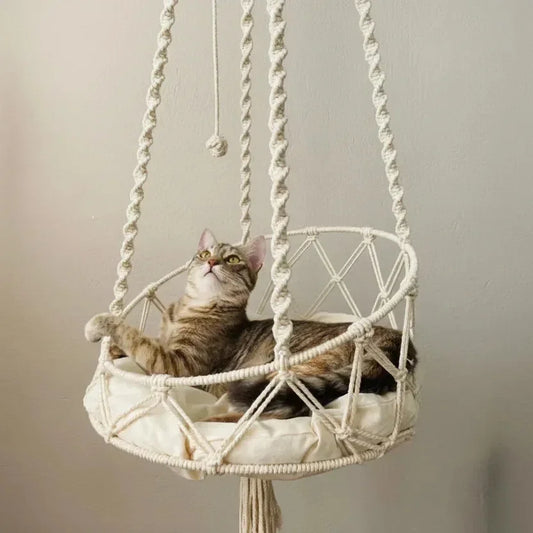 Boho Swing macrame hanging cat hammock Small — elegant cotton rope, wall-mounted boho cat bed