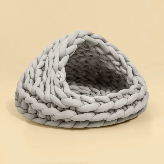 Chunky Knit Cocoon Cat Cave in ultra-thick hand-woven yarn, product shot of the backside showing the cozy folded knit edge.